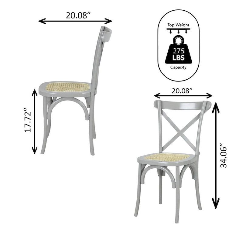 Chaise de salle à manger classique en bois massif à dossier en X, assise en rotin canné