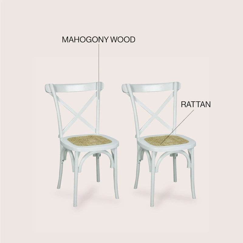 Chaise de salle à manger classique en bois massif à dossier en X, assise en rotin canné