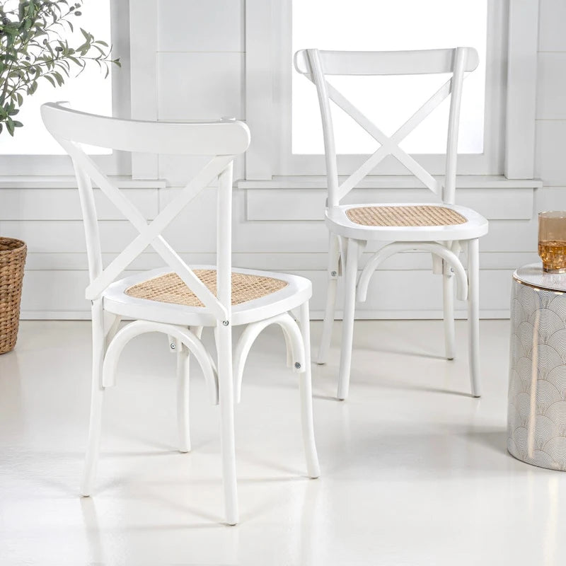 Chaise de salle à manger classique en bois massif à dossier en X, assise en rotin canné