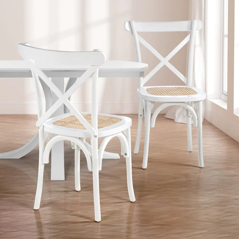 Chaise de salle à manger classique en bois massif à dossier en X, assise en rotin canné