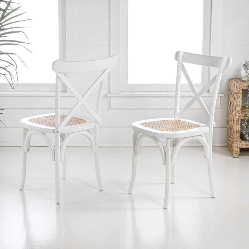 Chaise de salle à manger classique en bois massif à dossier en X, assise en rotin canné