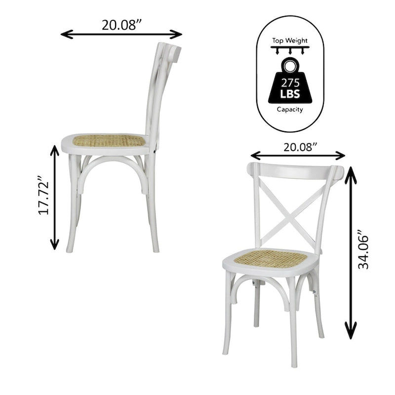 Chaise de salle à manger classique en bois massif à dossier en X, assise en rotin canné