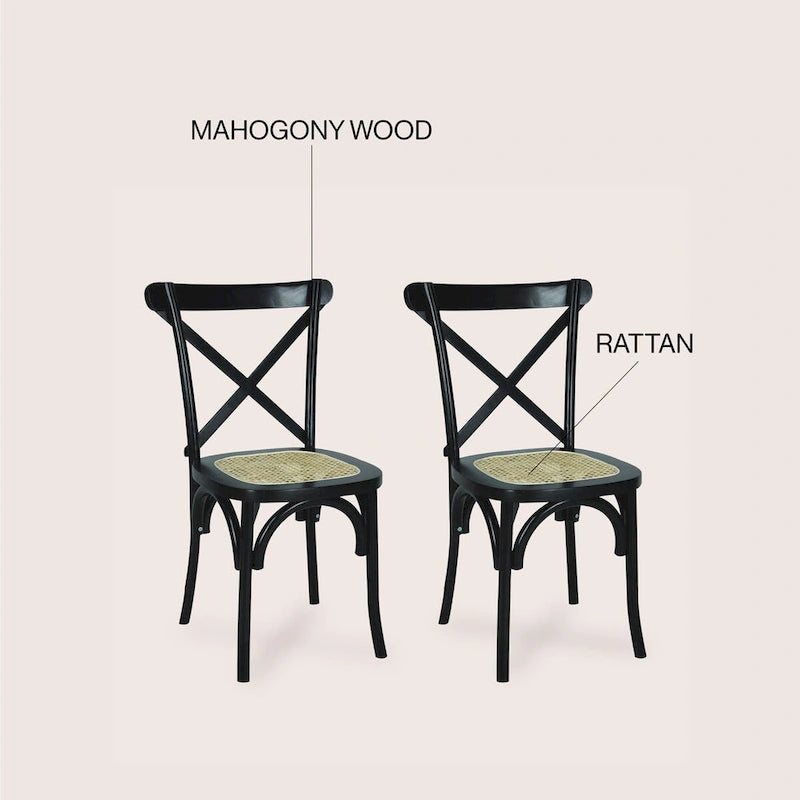 Chaise de salle à manger classique en bois massif à dossier en X, assise en rotin canné