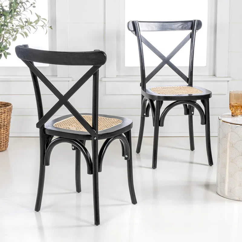 Chaise de salle à manger classique en bois massif à dossier en X, assise en rotin canné