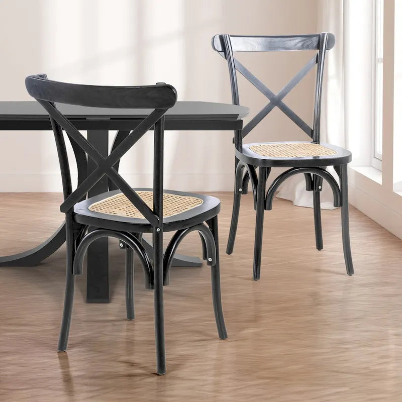 Chaise de salle à manger classique en bois massif à dossier en X, assise en rotin canné