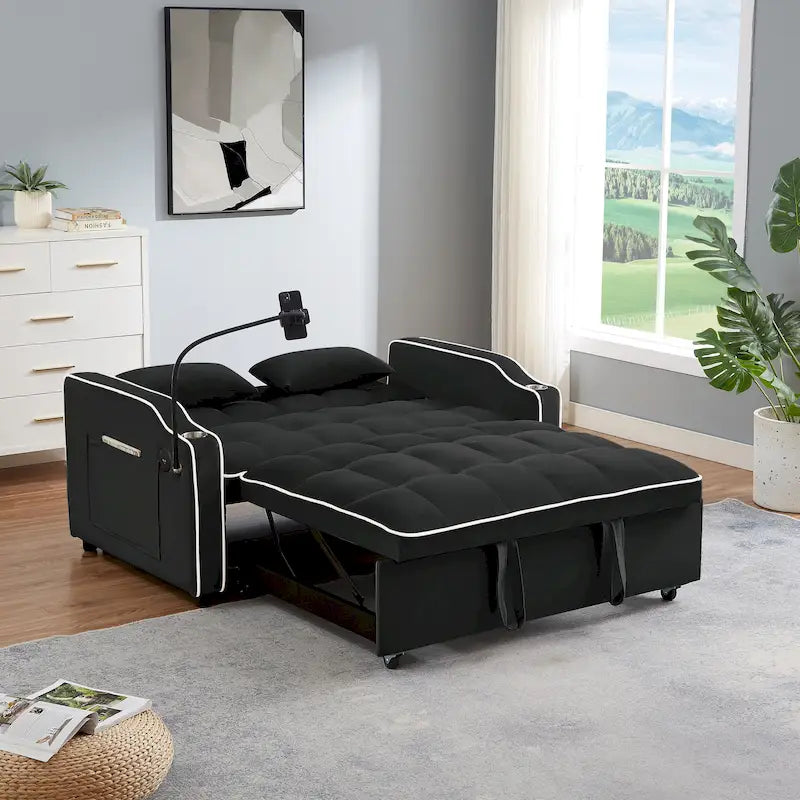 Canapé-lit futon convertible en velours avec chargement USB et support de téléphone