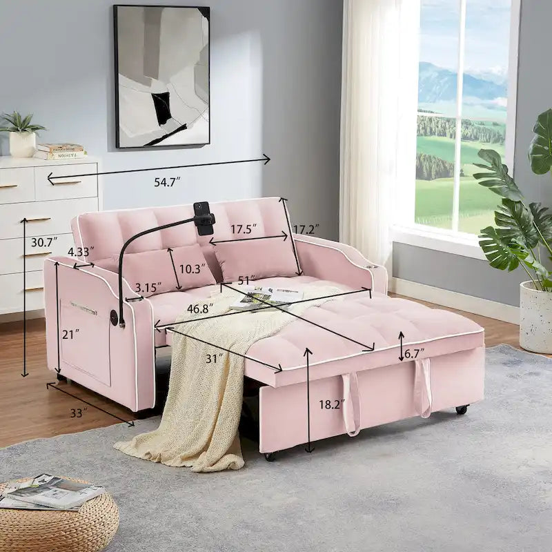 Canapé-lit futon convertible en velours avec chargement USB et support de téléphone