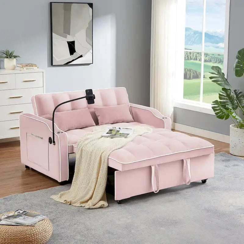 Canapé-lit futon convertible en velours avec chargement USB et support de téléphone