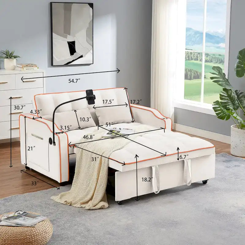 Canapé-lit futon convertible en velours avec chargement USB et support de téléphone