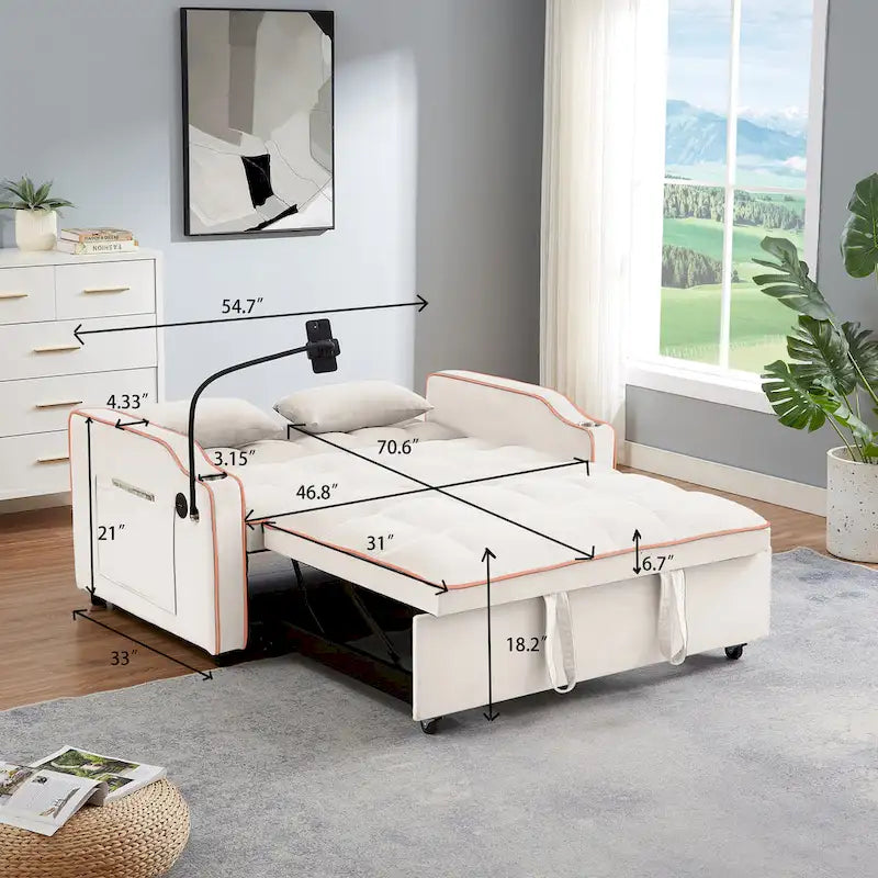 Canapé-lit futon convertible en velours avec chargement USB et support de téléphone