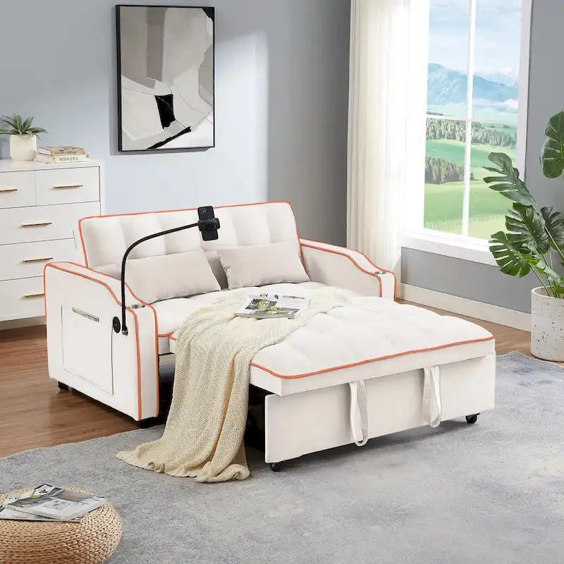Canapé-lit futon convertible en velours avec chargement USB et support de téléphone