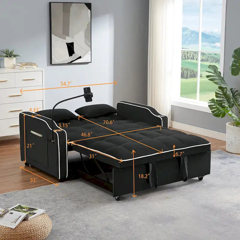 Canapé-lit futon convertible en velours avec chargement USB et support de téléphone