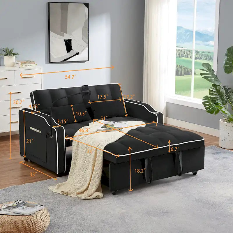 Canapé-lit futon convertible en velours avec chargement USB et support de téléphone