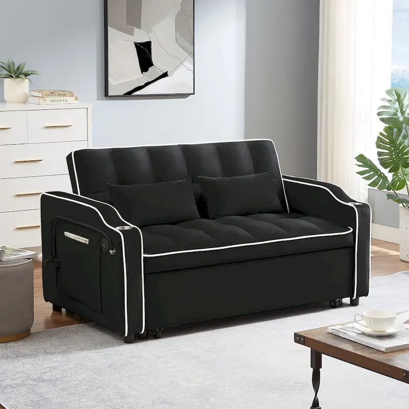 Canapé-lit futon convertible en velours avec chargement USB et support de téléphone