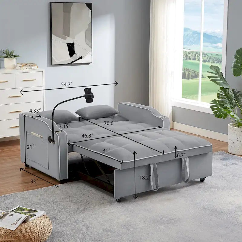 Canapé-lit futon convertible en velours avec chargement USB et support de téléphone