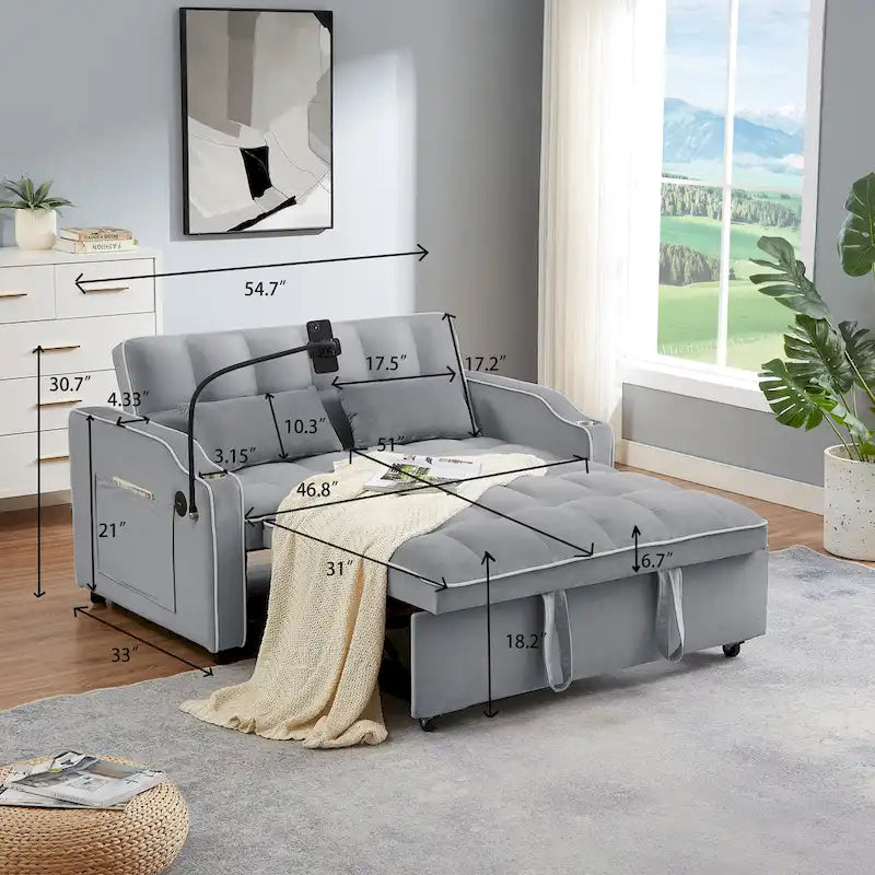 Canapé-lit futon convertible en velours avec chargement USB et support de téléphone