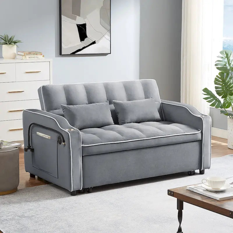Canapé-lit futon convertible en velours avec chargement USB et support de téléphone