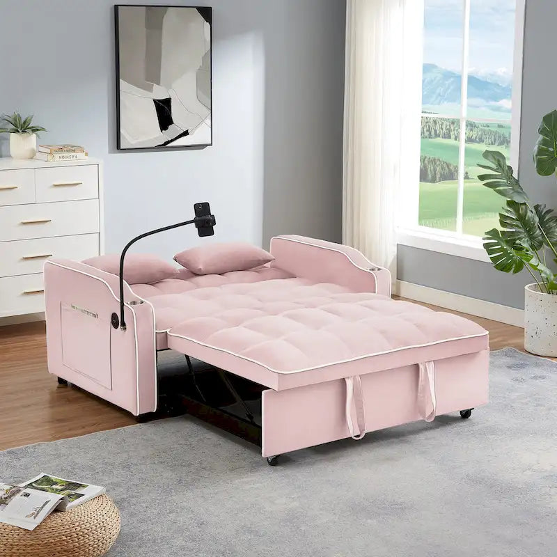 Canapé-lit futon convertible en velours avec chargement USB et support de téléphone