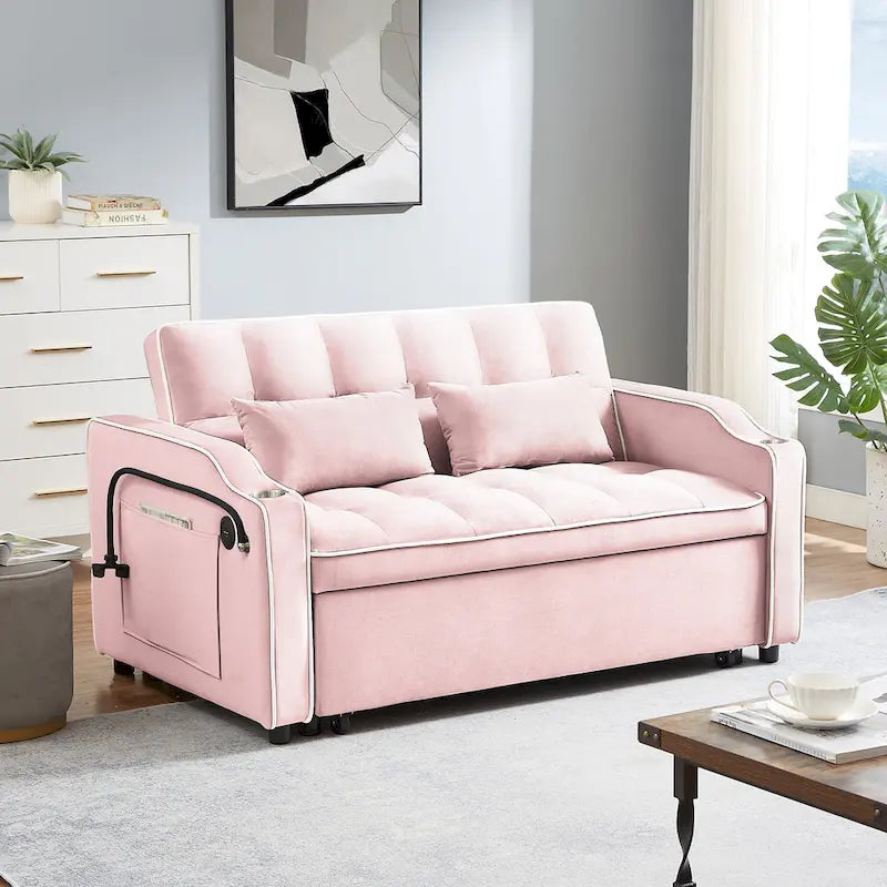Canapé-lit futon convertible en velours avec chargement USB et support de téléphone