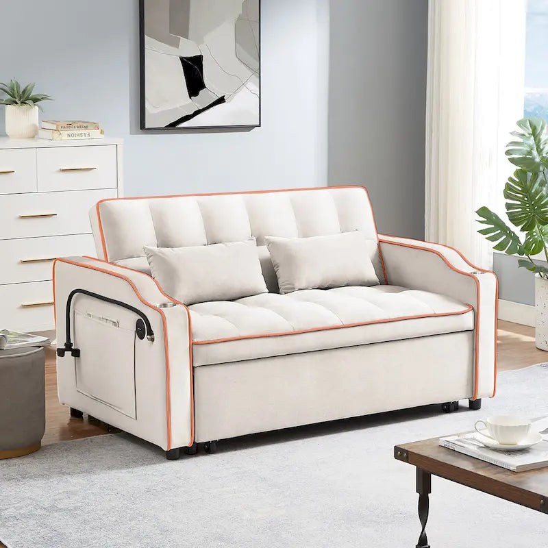 Canapé-lit futon convertible en velours avec chargement USB et support de téléphone
