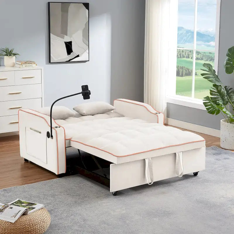 Canapé-lit futon convertible en velours avec chargement USB et support de téléphone