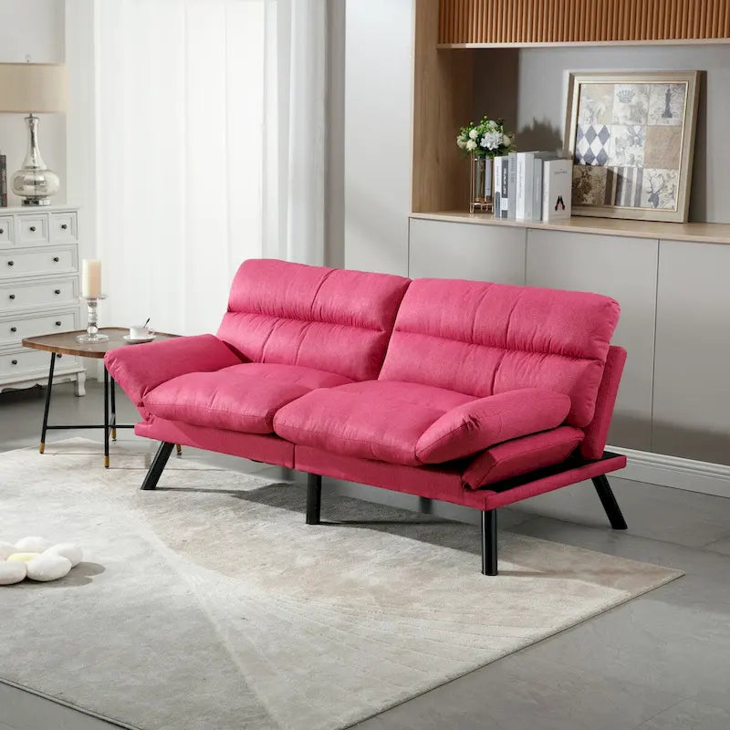 Canapé convertible 2 places rembourré avec pieds en métal, Rouge rosé