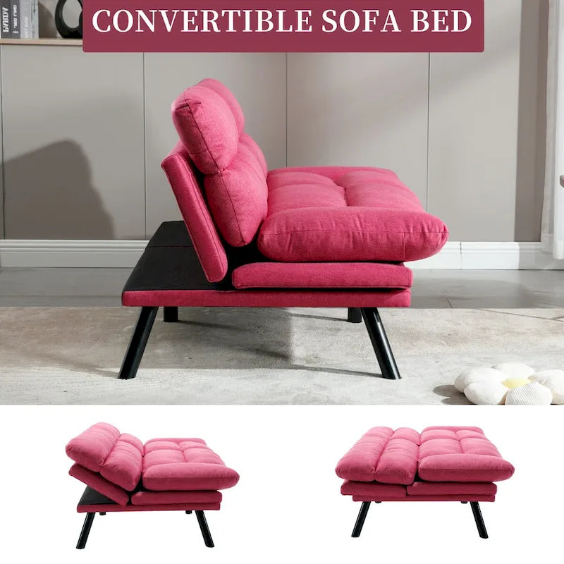 Canapé convertible 2 places rembourré avec pieds en métal, Rouge rosé