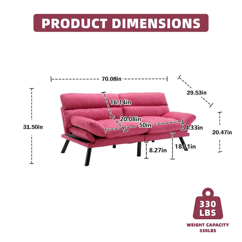 Canapé convertible 2 places rembourré avec pieds en métal, Rouge rosé
