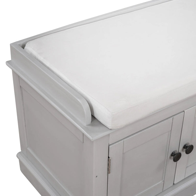 Banc de rangement 4 portes en bois avec coussin en lin et portes d'armoire Gris délavé Espresso Marine Blanc