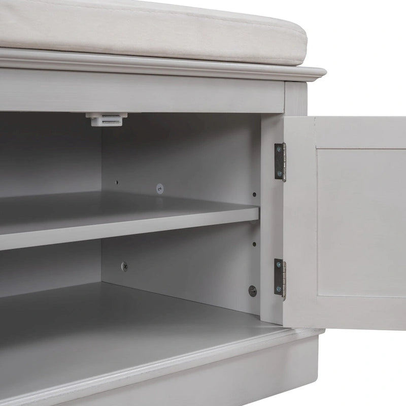 Banc de rangement 4 portes en bois avec coussin en lin et portes d'armoire Gris délavé Espresso Marine Blanc