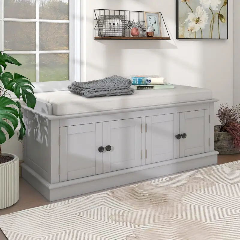 Banc de rangement 4 portes en bois avec coussin en lin et portes d'armoire Gris délavé Espresso Marine Blanc