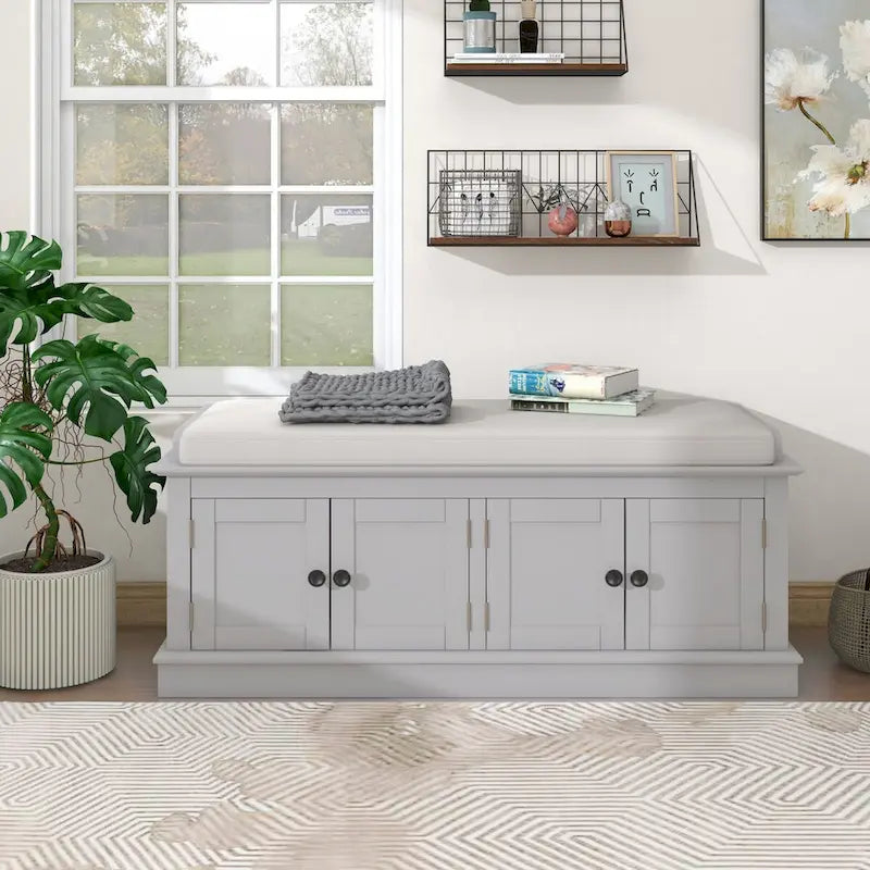 Banc de rangement 4 portes en bois avec coussin en lin et portes d'armoire Gris délavé Espresso Marine Blanc