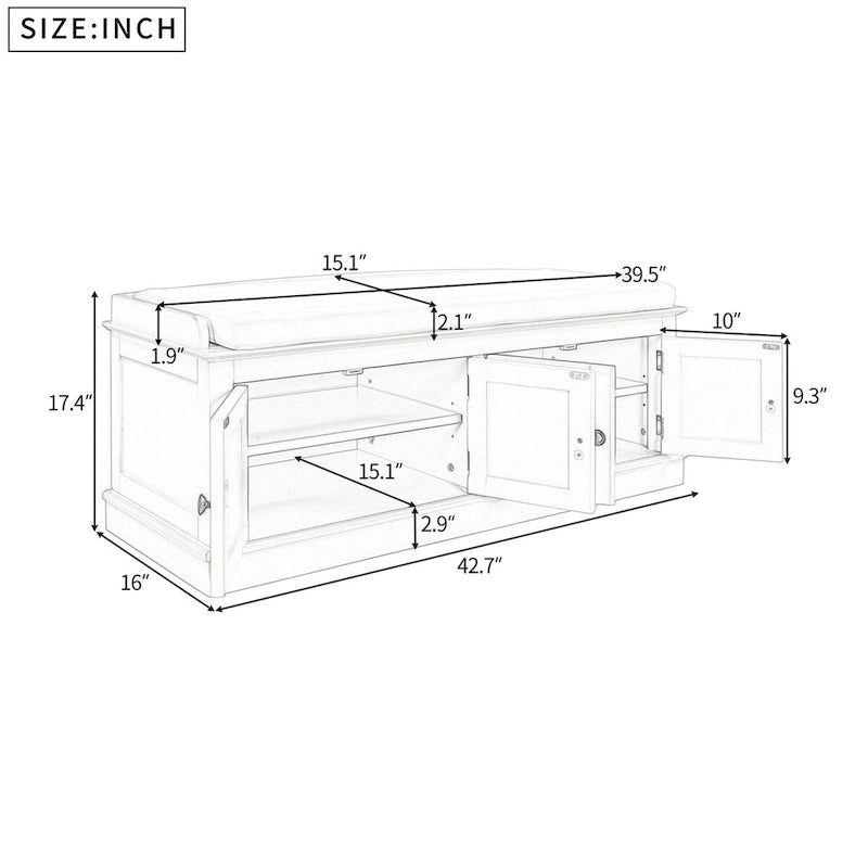 Banc de rangement 4 portes en bois avec coussin en lin et portes d'armoire Gris délavé Espresso Marine Blanc