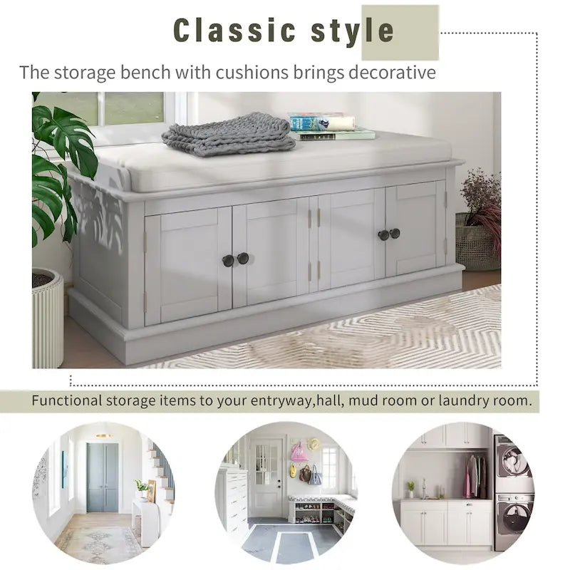 Banc de rangement 4 portes en bois avec coussin en lin et portes d'armoire Gris délavé Espresso Marine Blanc