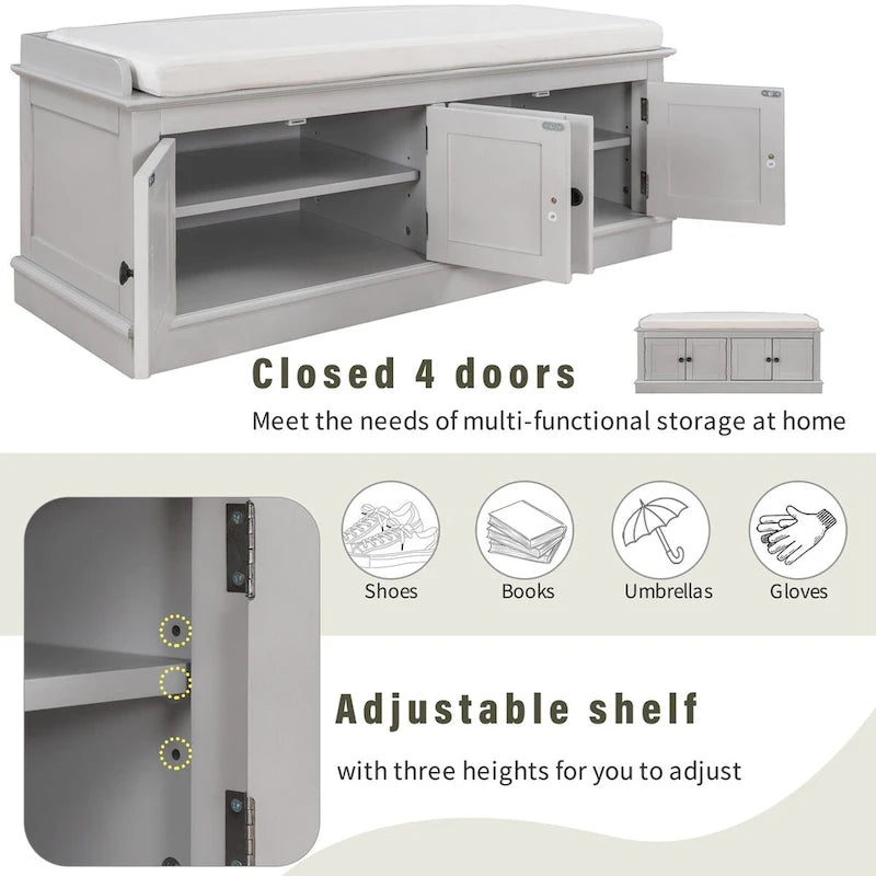 Banc de rangement 4 portes en bois avec coussin en lin et portes d'armoire Gris délavé Espresso Marine Blanc