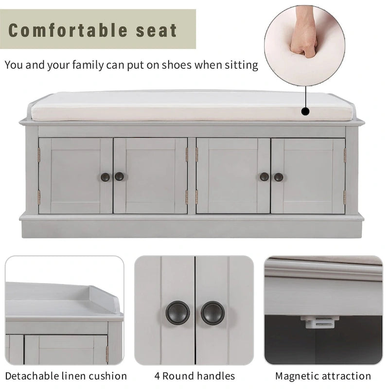 Banc de rangement 4 portes en bois avec coussin en lin et portes d'armoire Gris délavé Espresso Marine Blanc