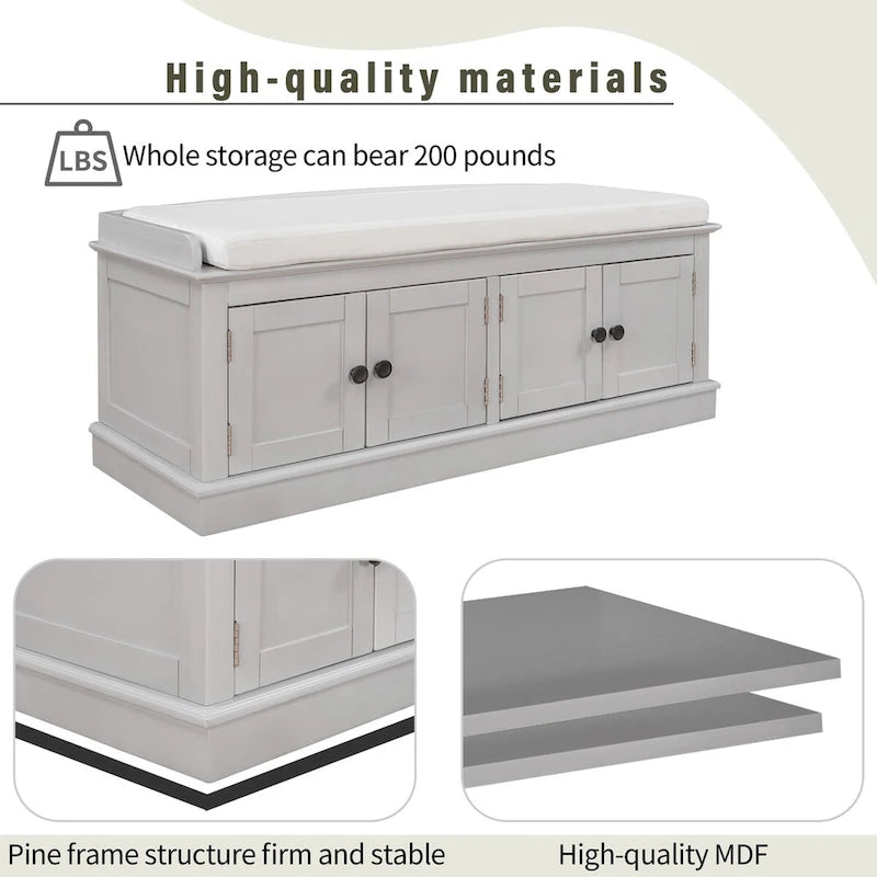 Banc de rangement 4 portes en bois avec coussin en lin et portes d'armoire Gris délavé Espresso Marine Blanc