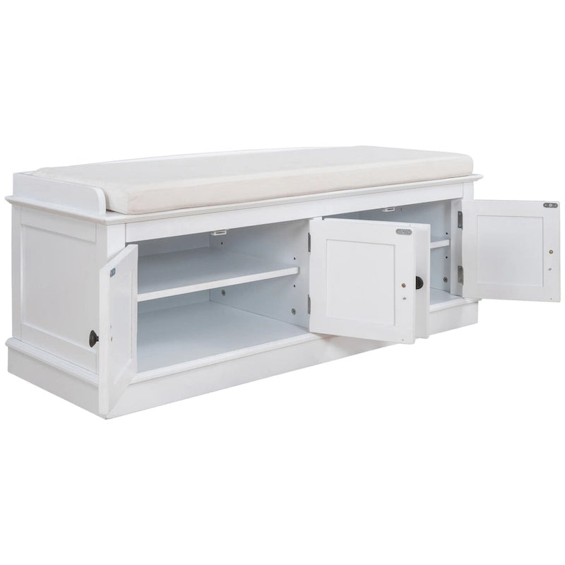 Banc de rangement 4 portes en bois avec coussin en lin et portes d'armoire Gris délavé Espresso Marine Blanc