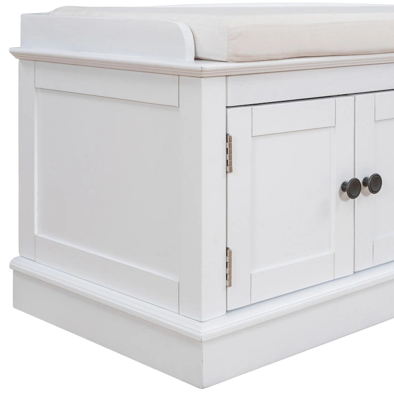 Banc de rangement 4 portes en bois avec coussin en lin et portes d'armoire Gris délavé Espresso Marine Blanc