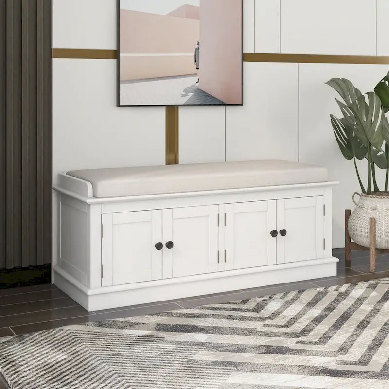 Banc de rangement 4 portes en bois avec coussin en lin et portes d'armoire Gris délavé Espresso Marine Blanc