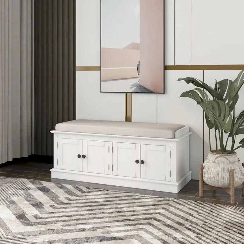 Banc de rangement 4 portes en bois avec coussin en lin et portes d'armoire Gris délavé Espresso Marine Blanc