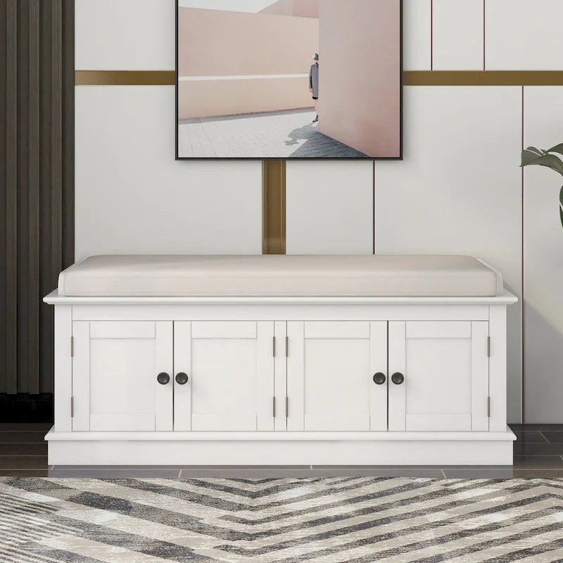Banc de rangement 4 portes en bois avec coussin en lin et portes d'armoire Gris délavé Espresso Marine Blanc