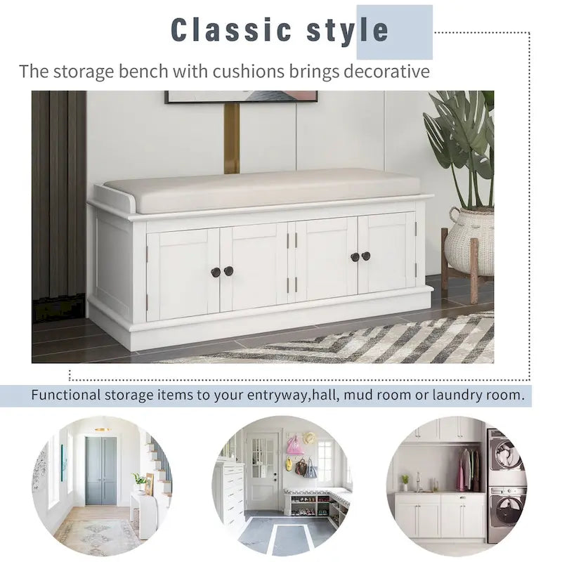 Banc de rangement 4 portes en bois avec coussin en lin et portes d'armoire Gris délavé Espresso Marine Blanc