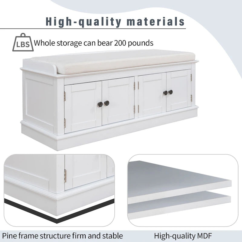 Banc de rangement 4 portes en bois avec coussin en lin et portes d'armoire Gris délavé Espresso Marine Blanc