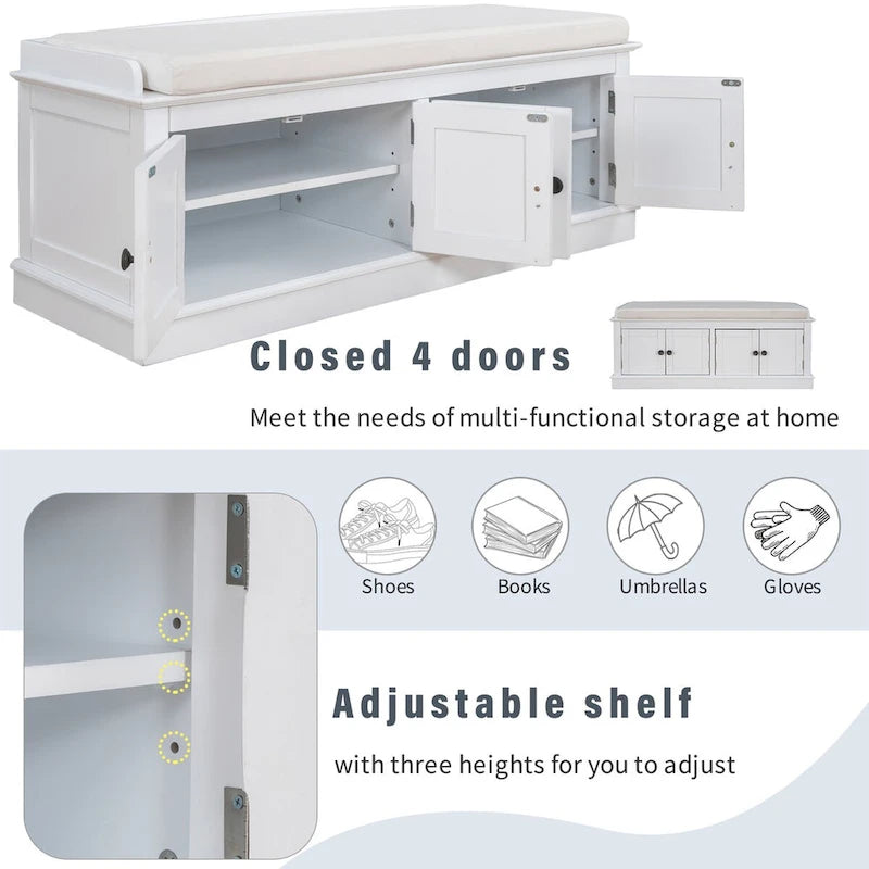 Banc de rangement 4 portes en bois avec coussin en lin et portes d'armoire Gris délavé Espresso Marine Blanc