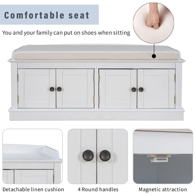 Banc de rangement 4 portes en bois avec coussin en lin et portes d'armoire Gris délavé Espresso Marine Blanc