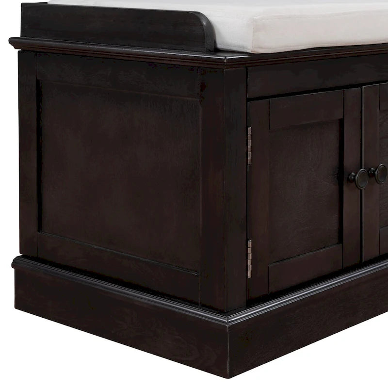 Banc de rangement 4 portes en bois avec coussin en lin et portes d'armoire Gris délavé Espresso Marine Blanc