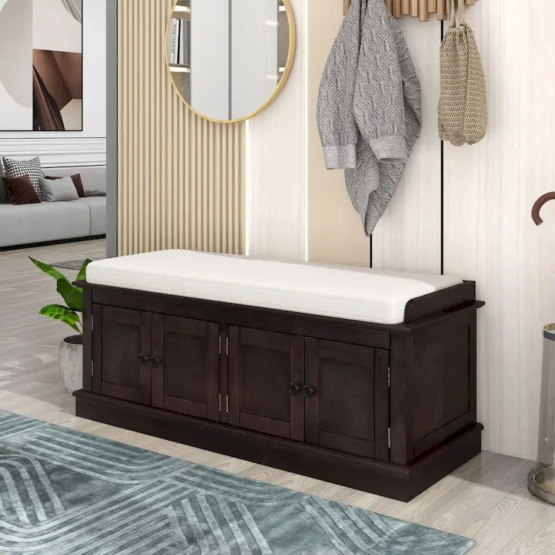 Banc de rangement 4 portes en bois avec coussin en lin et portes d'armoire Gris délavé Espresso Marine Blanc