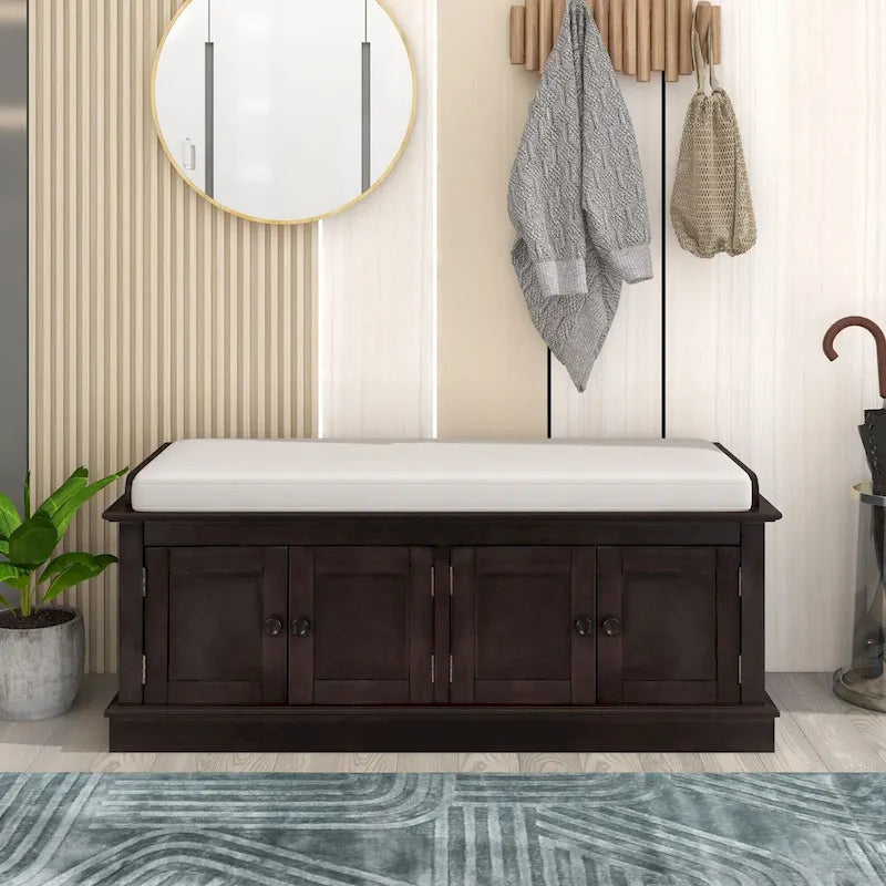 Banc de rangement 4 portes en bois avec coussin en lin et portes d'armoire Gris délavé Espresso Marine Blanc