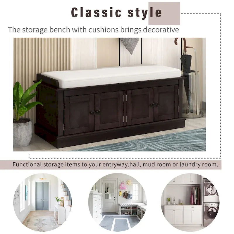 Banc de rangement 4 portes en bois avec coussin en lin et portes d'armoire Gris délavé Espresso Marine Blanc
